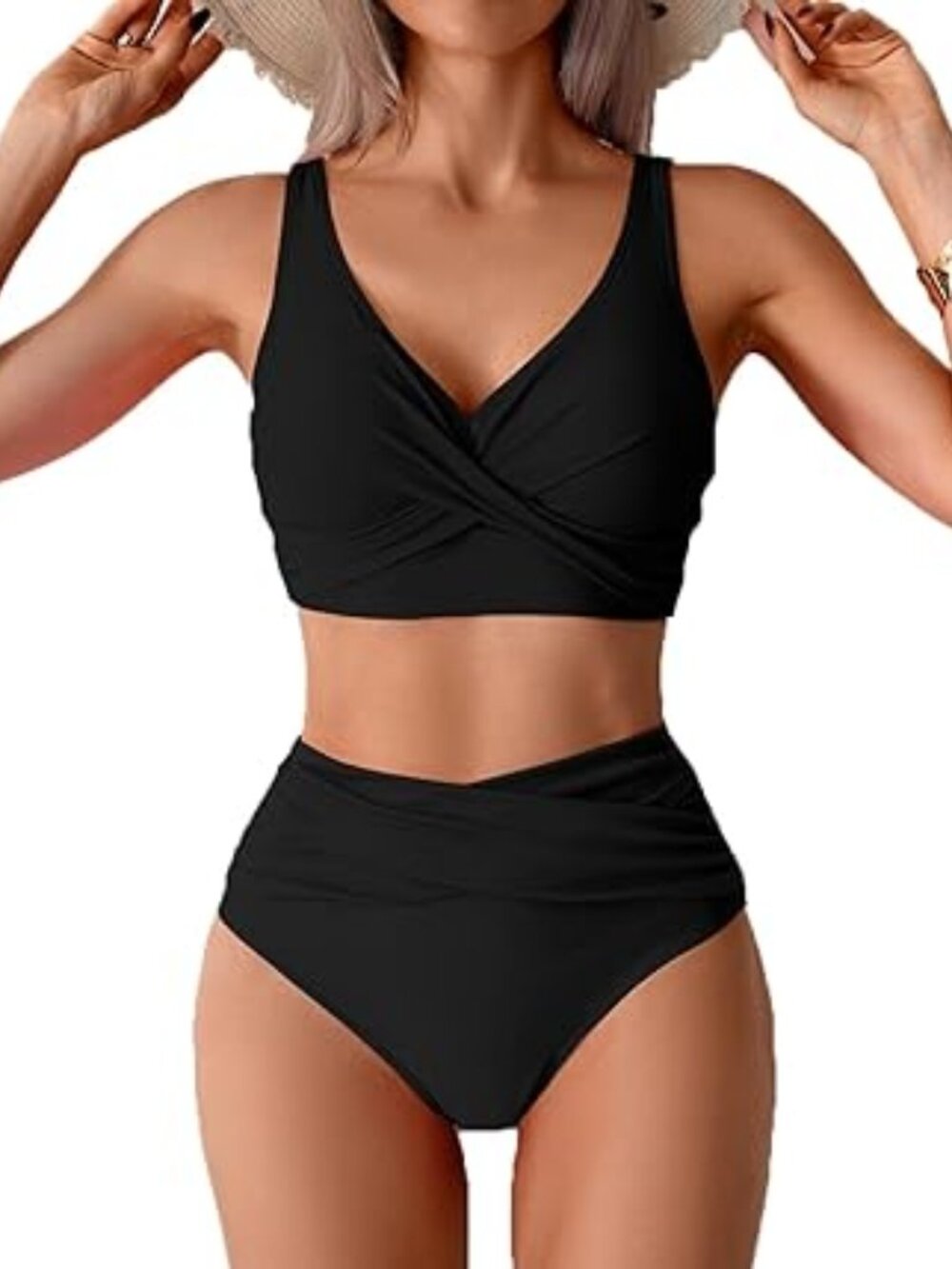 Women High Waisted Bikini Sets V Neck Cross Twist Front Two Piece Swimsuit Tummy